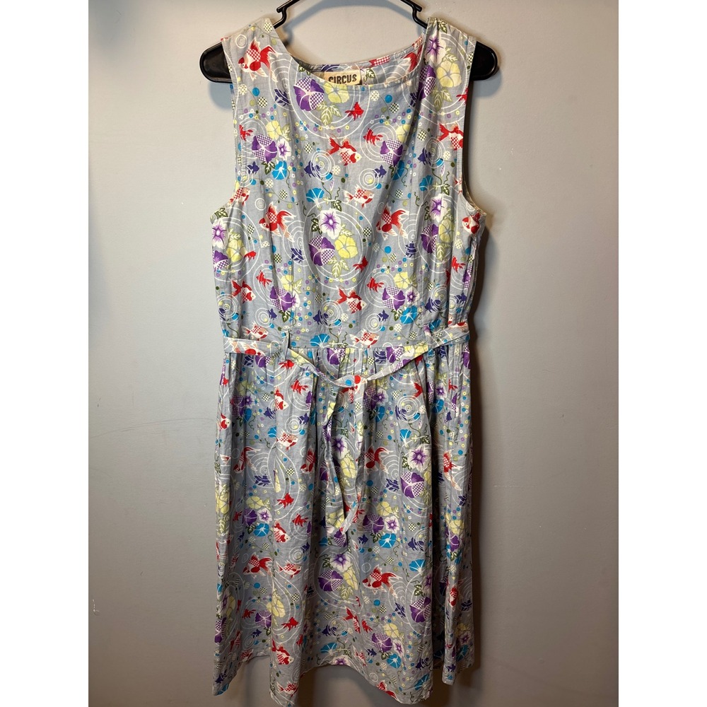 Circus Adrien‎ Walsh Blue Goldfish Koi Floral Cotton Sleeveless Midi Dress UK 18